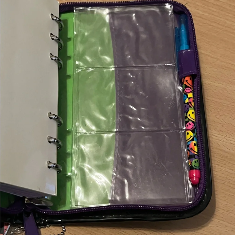 Vintage Y2K Lisa Frank Rainbow Smiley Face Zip Planner Agenda Stickers Pouch Pen